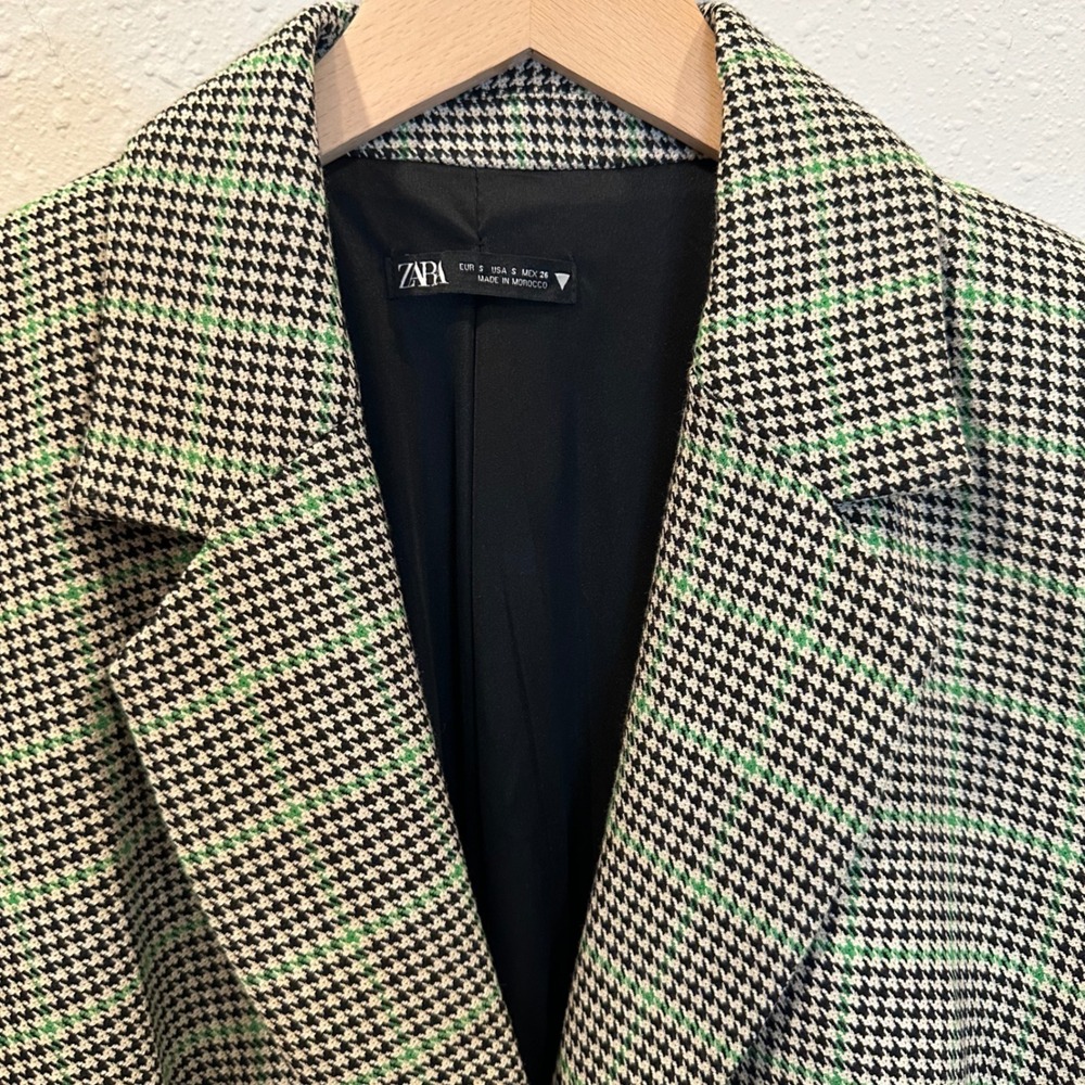 Zara Houndstooth Blazer Dress‎ Women Size S Green Plaid Officecore Dark Academia - Picture 4 of 16